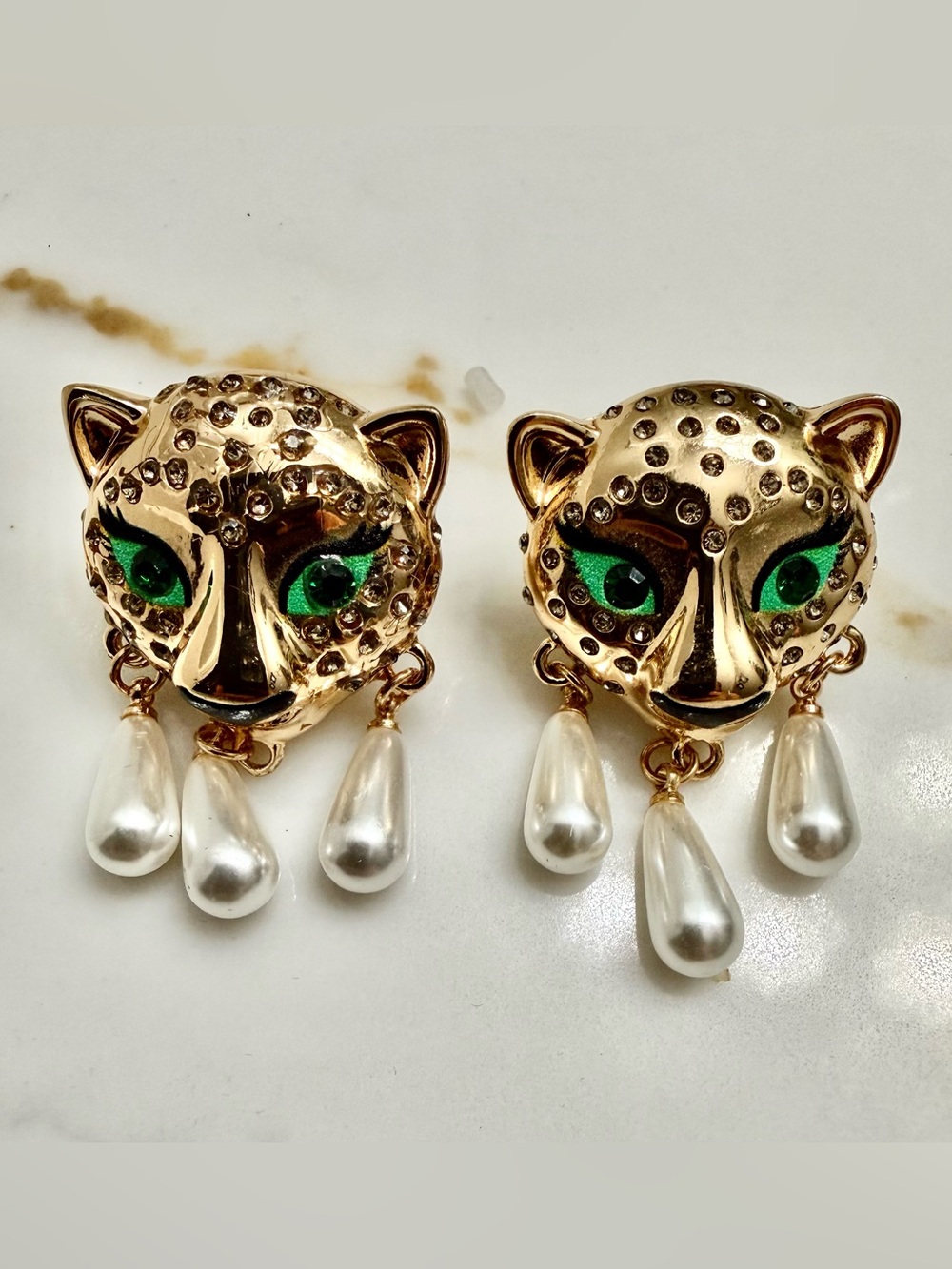 Betsey Johnson Gold-Tone Leopard Head Faux Pearl Drop Earrings NWT